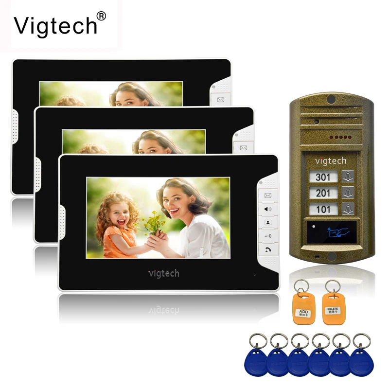 Vigtech 7'' color video door phone 3 monitors with 1 intercom doorbell can control 3 houses for multi apartment RFID Camera