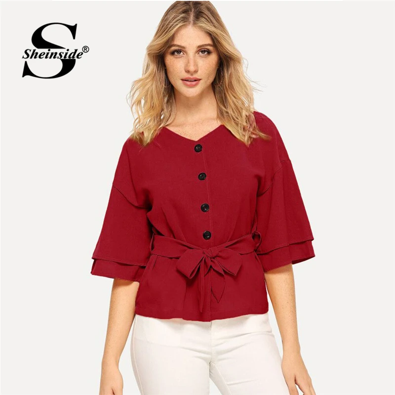 Sheinside Tiered Flounce Sleeve Buttoned Women Blouse