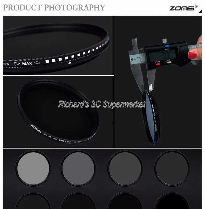 Zomei Filtro ND8 ND64 ND1000 фильтр нейтральной с алюминиевой рамкой и многослойным покрытием Плотность оптического Стекло фильтр Серебристые оправе 49 52 55 58 62 67 72 77 82 мм