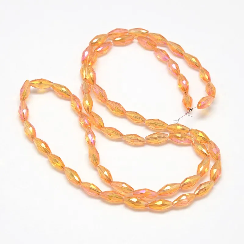 10Strands Electroplate Crystal Glass Rice Beads Strands Faceted Rainbow Color Plated OrangeRed, 4x9mm, Hole: 1mm; 58pc/str