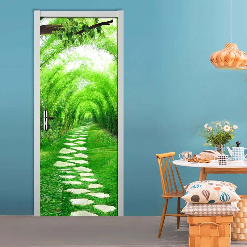 Зеленая маленькая дорожная дверь настенные наклейки для спальни гостиной двери наклейки 3D обои ПВХ самоклеящиеся водонепроницаемые Papel де Parede 3D