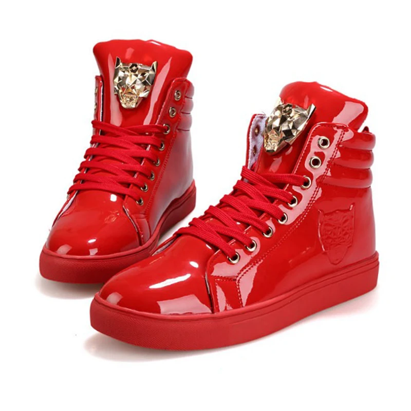 New Fashion High Top Casual Shoes For Men PU Leather Lace Up Red White Black Color Mens Casual Shoes Men High Top Shoes
