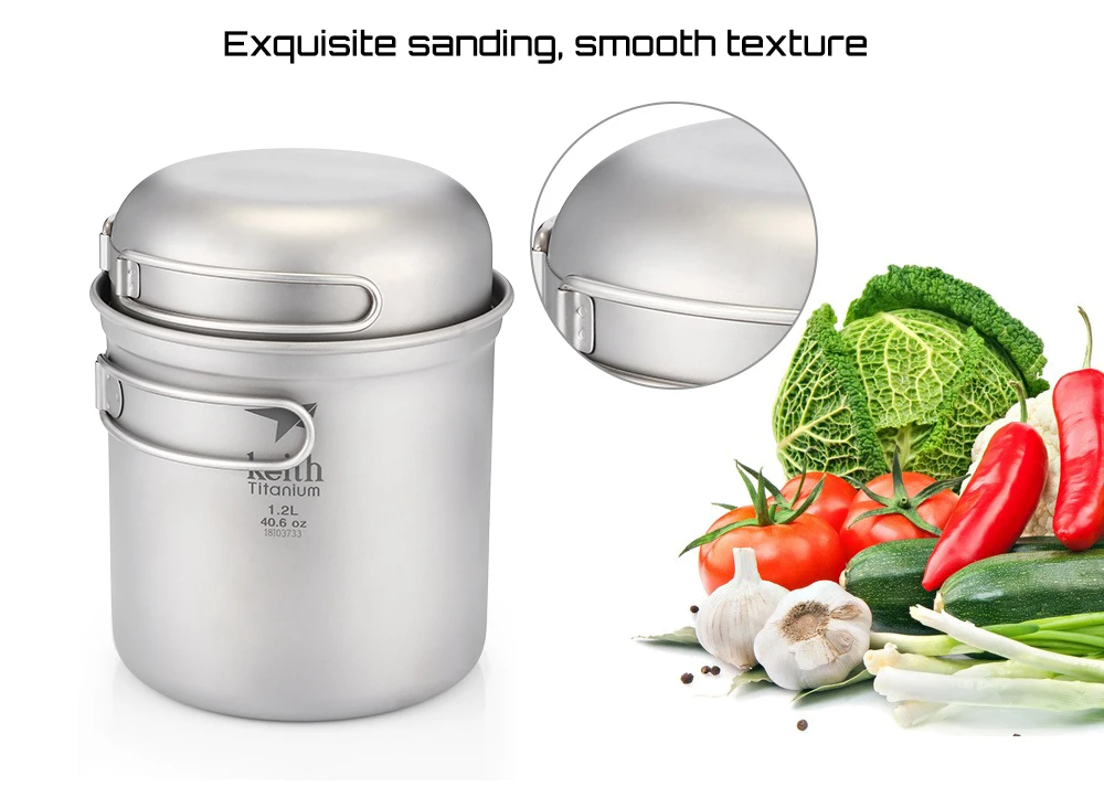 Keith Portable Tableware Foldable Handle 1.2L + 400ml Titanium Pot Bowl 