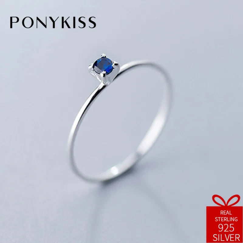 

PONYKISS Trendy 100% 925 Sterling Silver Simple Blue Zircon Resizable Opening Geometric Ring Women Party Delicate Accessory Gift
