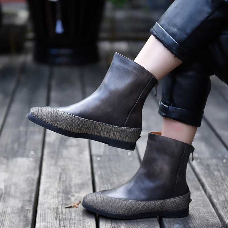 

Artmu Original Vintage Genuine Leather Ankle Boots Hemp Fisherman's Shoes Comfortable Flat Velvet Women's Boots 2018 New 8279-1