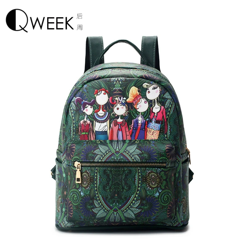 

QWEEK Women Backpack 2017 Fashion Forest Green PU Leather Printing Backpacks for Children Girl Mini Mochila Feminina School Bags