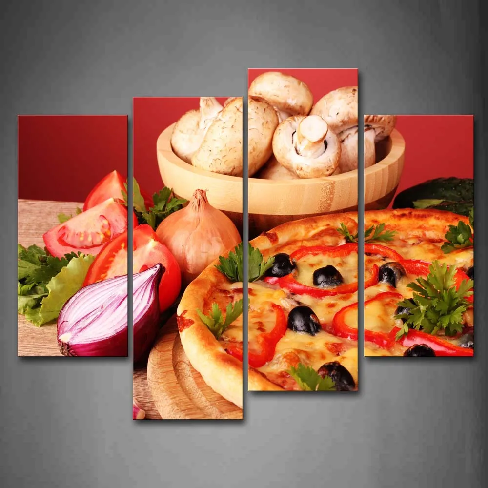 

Framed Wall Art Pictures Pizza Vegetables Mushroom Canvas Print Food Poster With Wooden Frame For Home Living Room Decor