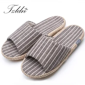 

TZLDN Summer Flax Men Slippers Stripe Casual Indoor Floor Shoes Home Slipper Male Open Toe Slippers Flat Shoes Dropshipping