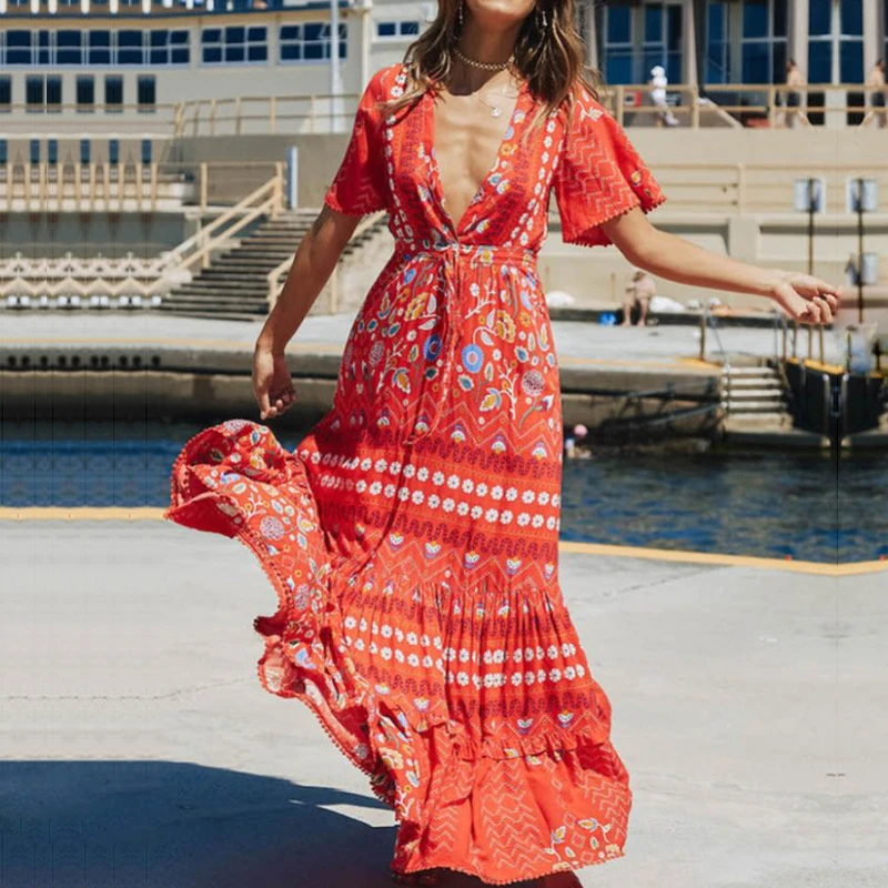 

Vintage Chiffon Women Boho Dress Summer Holiday Floral Print Long Dresses Woman V Neck Short Sleeve Maxi Dress Vestidos Mujer