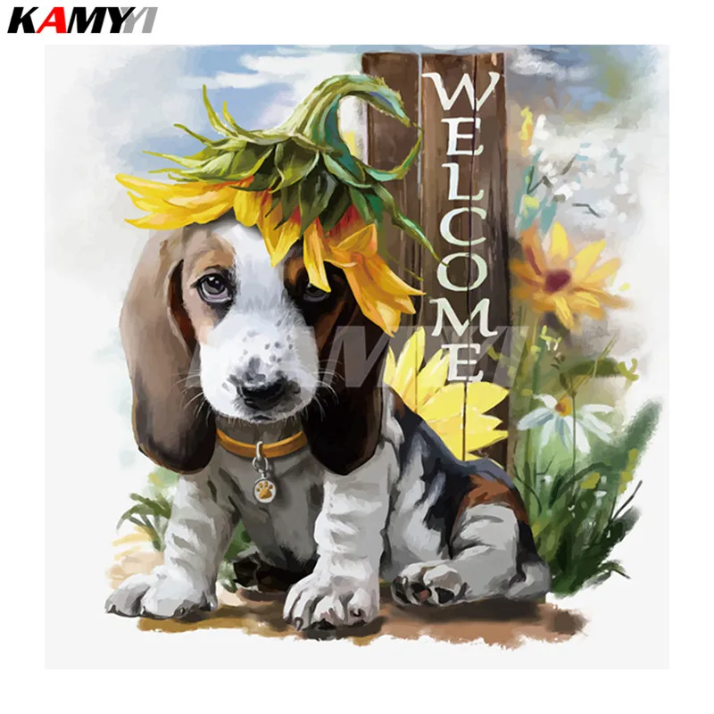 5D DIY Diamond Embroidery cute Welcome dog Diamond Painting Cross Stitch full Square Rhinestone Mosaic home decoration_