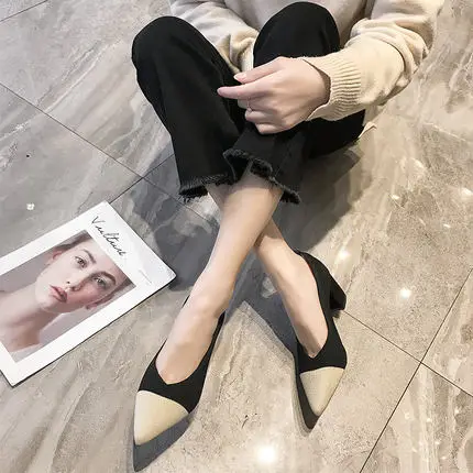 

2019 spring new pointed shallow mouth single shoes small fragrance high heels female thick with color matching wild female shoes
