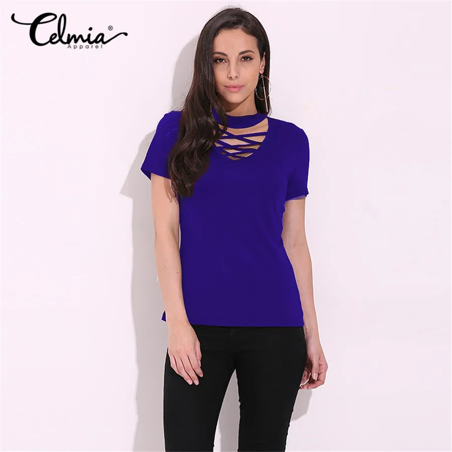 CELMIA Лето Для женщин Blusas Chocker глубокий вырез из блузки короткий рукав рубашки Обычная тонкая Однотонная футболка Oversize Топы S-4XL