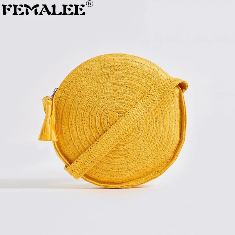

FEMALEE Round Straw Tassel Raffia Crossbody Bag Women Bohemian Vintage Small Knitting Handmade Circular Qulited Shoulder Handbag