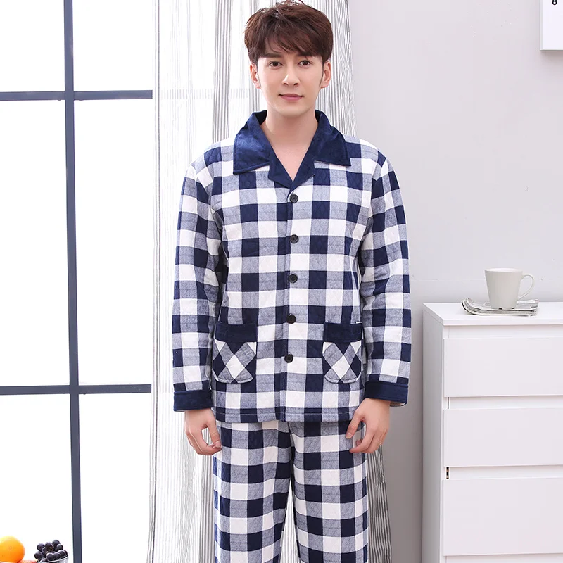 J & Q Новые пижамы Homme двойными бортами хлопковые De Hombre зимние мужские теплые Masculino