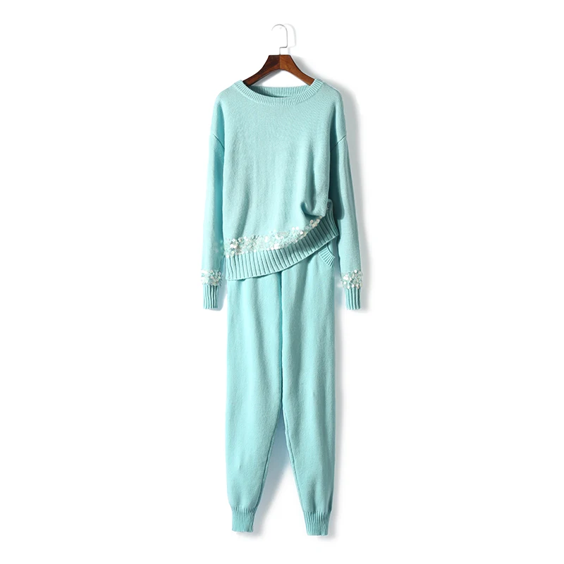 

2018 Fashion High-quality Wool Women Tracksuits Autumn Cashmere Suits Female Sequins Knitted Sweater + Pants Knitted 2 Sets