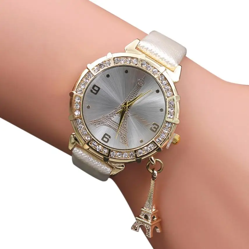 

Woman Watch Eiffel Tower Rhinestone pendant Watch Alloy Leather Simple Clock Quartz Wristwatches Reloj Mujer 18FEB9