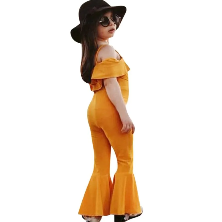 

2018 girl summer overalls jumpsuit Cute Kids Baby Girls Solid Falbala Off Shoulder rompers Overall girls jumpsuit Pants Outfits