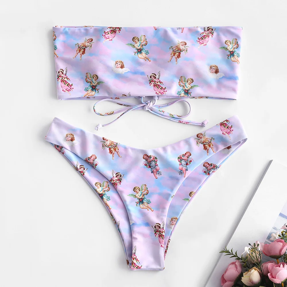 

Cupid Printed Bandeau Bikinis 2019 Sexy Women Swimsuit Strapless Bandage Bikini Set Swimwear Women Summer Beach Bathing Suits