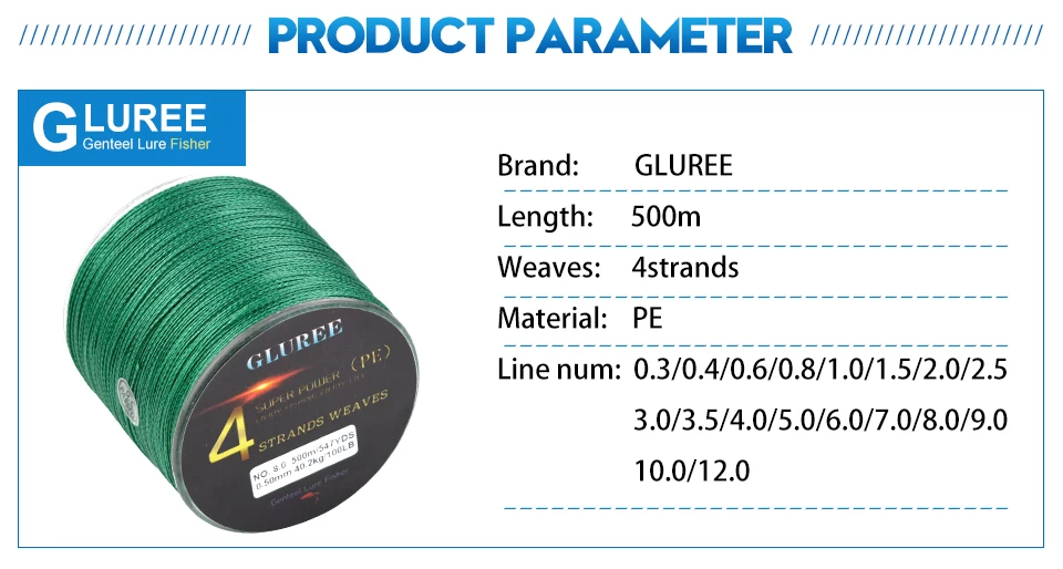 GLUREE 500M547Yards 4 Stands PE Line Braided Fishing Line 100%PE Multifilament Fishing Line Super Strong High Quality 15LB-50LB (9)