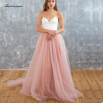 

Lakshmigown Simple Beach Wedding Dress Pink 2020 Spaghetti Straps Sexy Trouwjurk Birdal Wedding Dress Open Back Lace Top