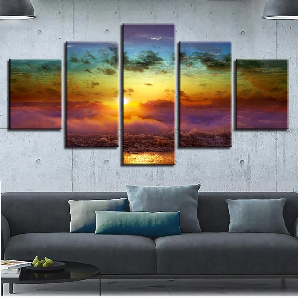 

Living Room Wall Home Decor Art Pictures HD Printed 5 Panel Sunrise Ocean Landscape Modern Painting On Canvas Poster Framework
