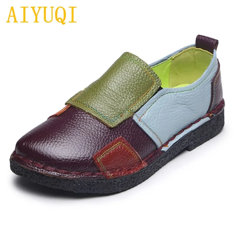 

AIYUQI 100% natural genuine leather women's casual shoes color matching soft bottom handmade flat shoes large size 41 42 loafers