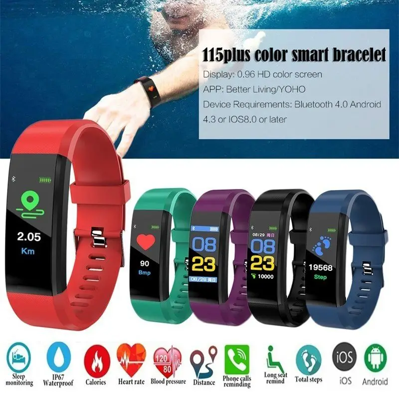 Waterproof Smart Bracelet Watch 115 Plus Blood Pressure Monitoring Heart Rate Monitoring Smart Wristband Fitness Band W