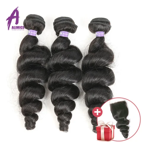 Feixes de Tecer Alimice Cabelo Onda Solta Brasileira Fechamento Livre 3 Acordo Brasileiro Agrupa 100% Humano Weave Remy Não 8-28