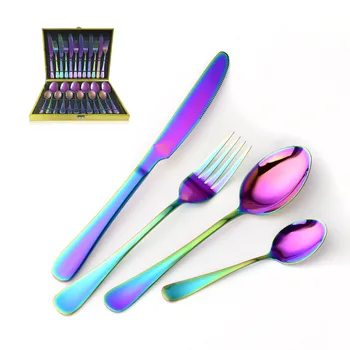

16pcs 24 Pcs Creativity Multi-Colors Dinnerware Set top Stainless Steel Dinner Knife and Fork Cutlery Set With wood Gift Box