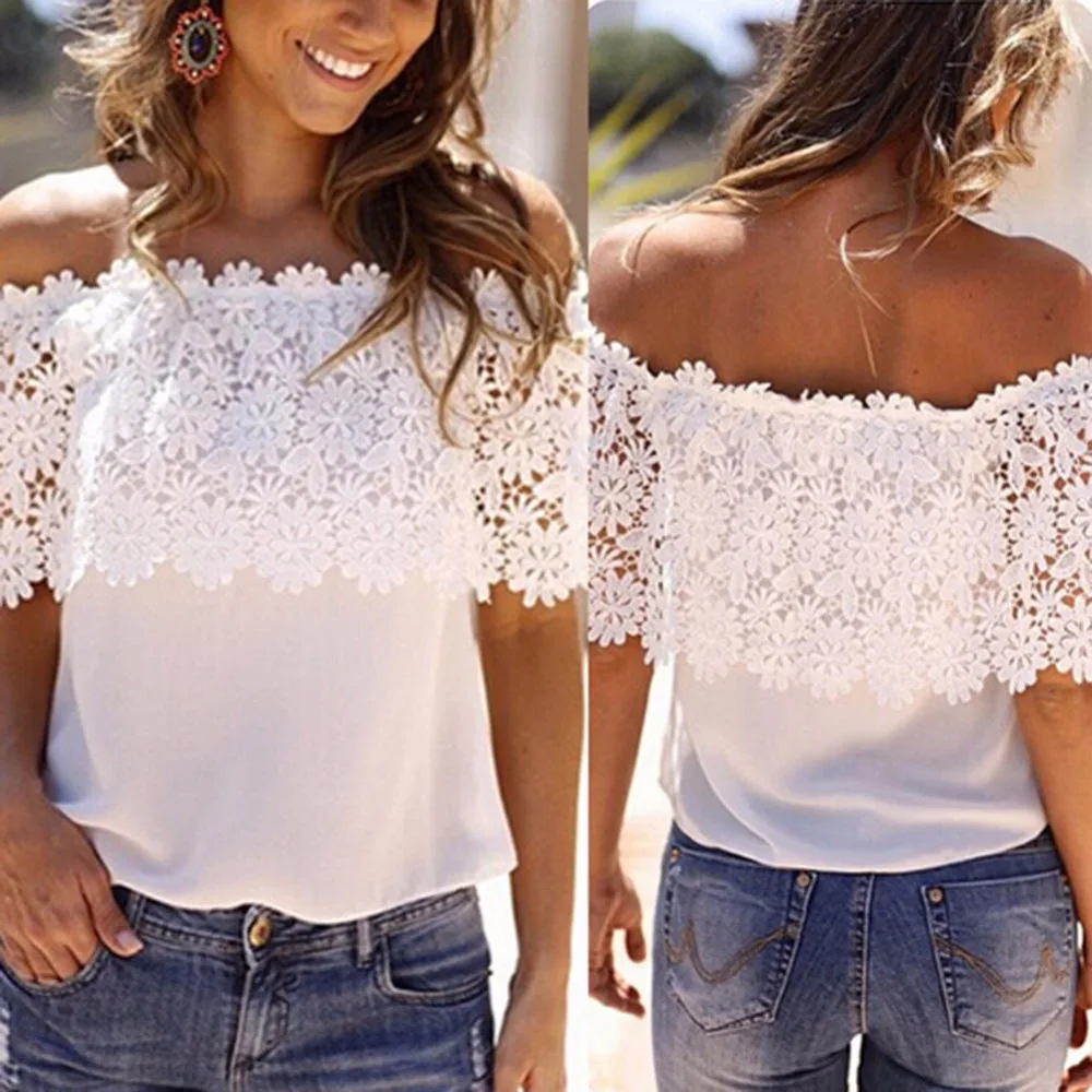 

Fashion Loose Tops Women White Lace Off-shoulder Casual Chiffon Blouse S-XL