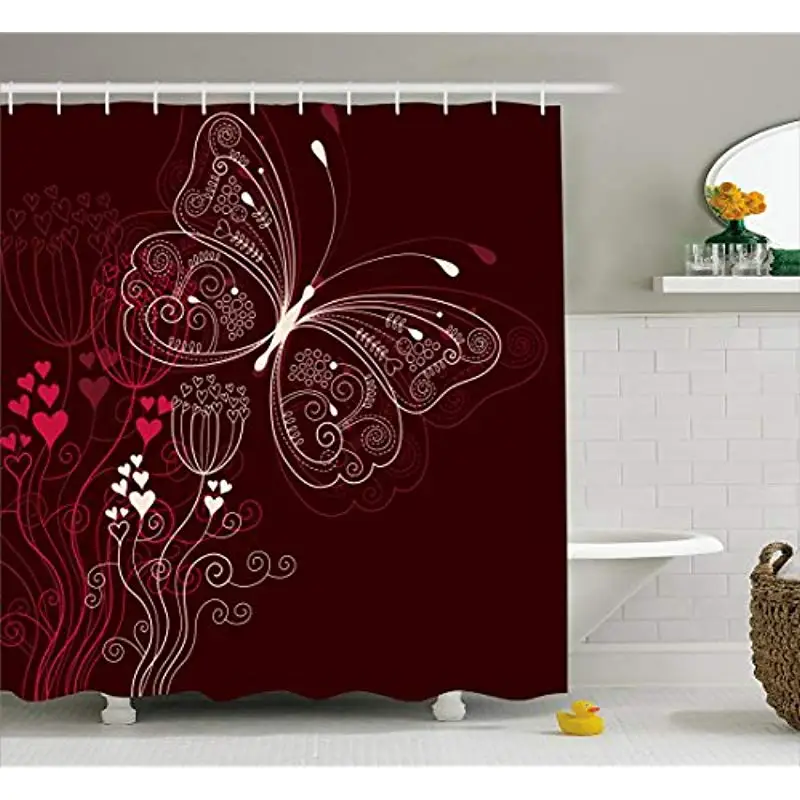 Vixm Romantic Shower Curtain Abstract Floral Heart with Butterfly Motif