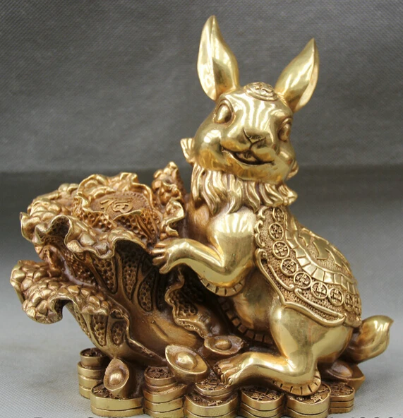 

JP S061 9 Chinese Brass Zodiac Year Rabbit armful cabbage money coin Yuan Bao Statue Discount 35%