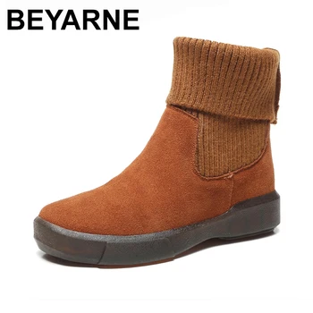 

BEYARNE Brand Winter Shoes Women Boots Genuine Leather Slip On Round Toe Winter Snow Flats Chelsea Boots Ankle Boots Woman