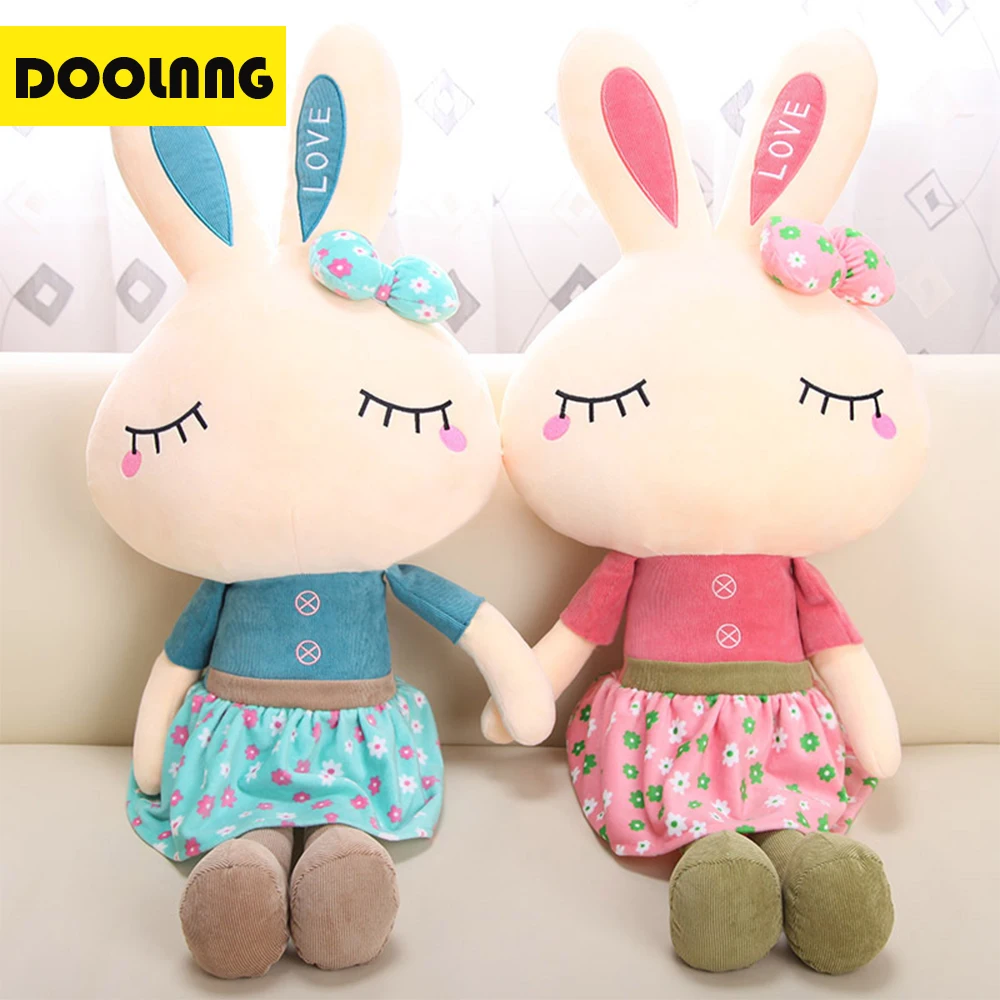 

DOOLNG 46cm Kawaii Rabbit Plush Toy Blue/Pink Skirt Bowknot Decoration Lovely Sleep Bunny Soft Toys Gift For Children DL-108