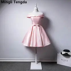 Mingli Tengda 2018 розовый с плеча платье подружки невесты es короткие Лодка шеи платье подружки невесты плюс Размеры атласная Свадебная вечеринка