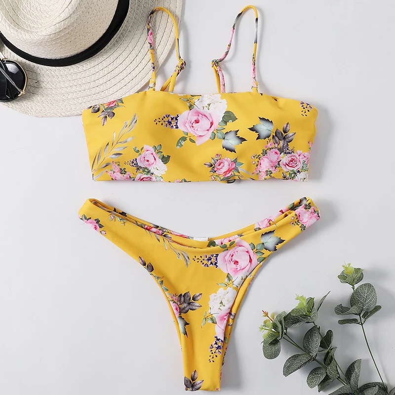

Bikishark New Arrival Red Yellow Floral Print Bikinis Set Women Halter Thong Swimsuit Push Up Reversible Bathing Suit 2019 Girl