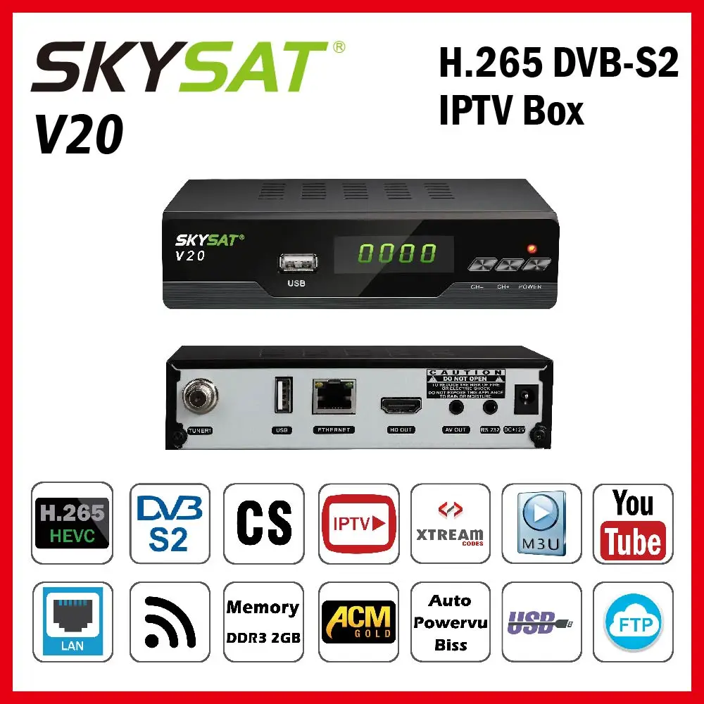 H.265 DVB S2 SKYSAT V20 с 2 Гб памяти LAN RJ45 Поддержка Wi Fi ACM cccamd Newcamd IPTV m3u Xtream коды Youtube Авто Powervu