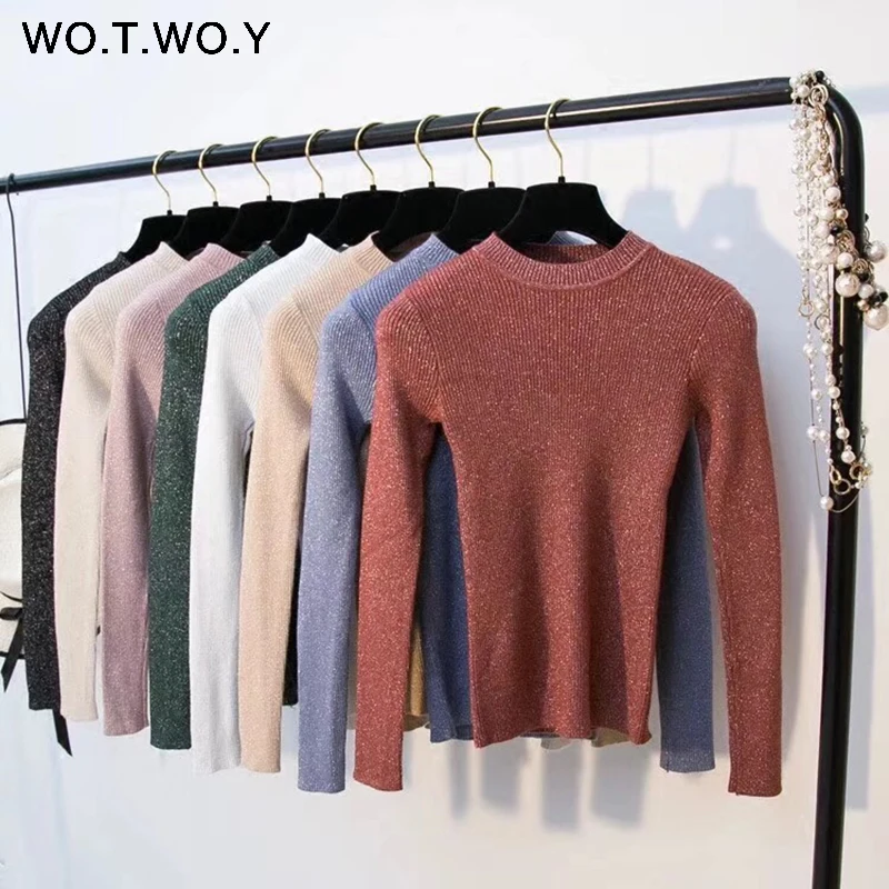 WOTWOY لامعة وركس الخريف الشتاء سترة المرأة طويلة الأكمام السترة النساء الأساسية البلوزات النساء 2018 الكورية نمط حك قمم فام