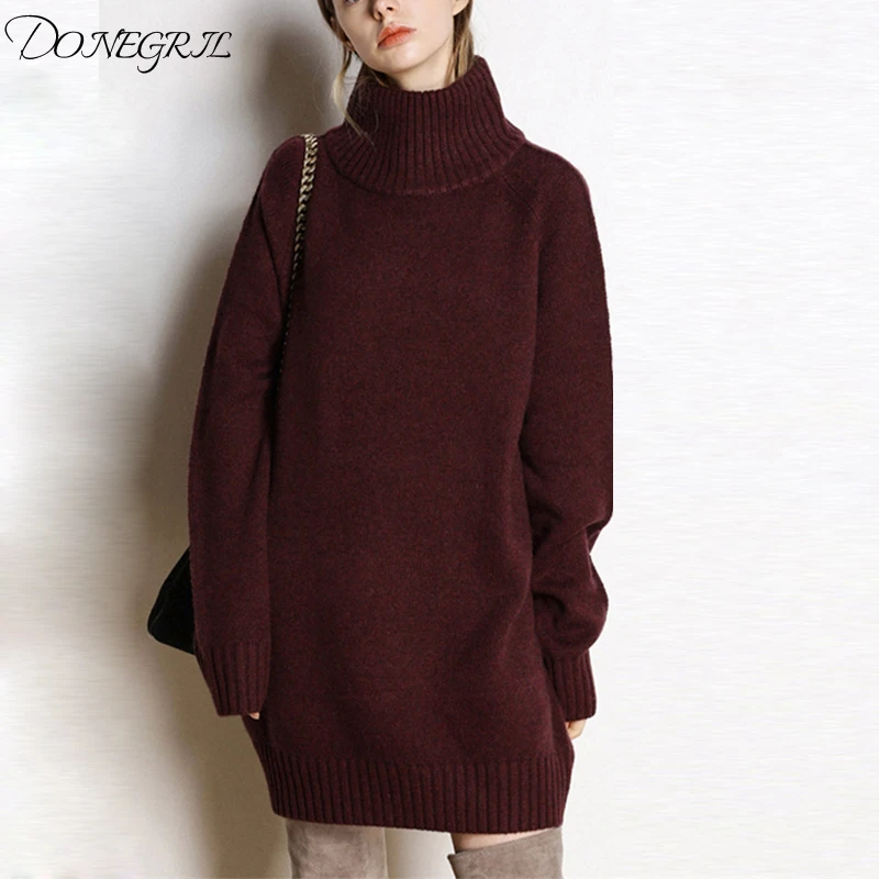 

2019 autumn and winter new high quality cashmere female high collar long section loose thick pullover sweater knit bottoming
