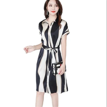 

Woman Striped 100% Silk Dresses Female Summer Silk Dress Women Oversized Loose Breathable Seda Vestidos Lady Thin Soie Robes