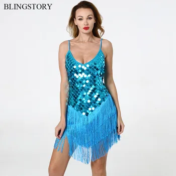 

BLINGSTORY Flapper Vestido Sequin Dress Stage Costume Spaghetti Strap Fringe Swing Party Nightclub Dresses Tassels