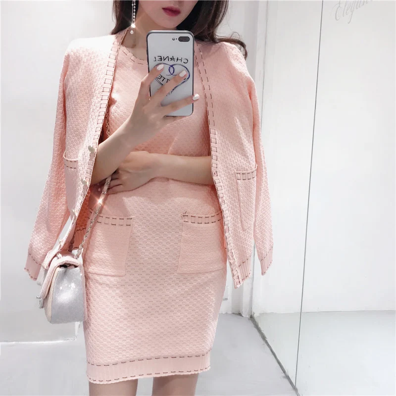 ALPHALMODA Autumn Winter Elegant Knitted Cardigans+ Short-sleeved Knit Dress Women OL Casual Suits