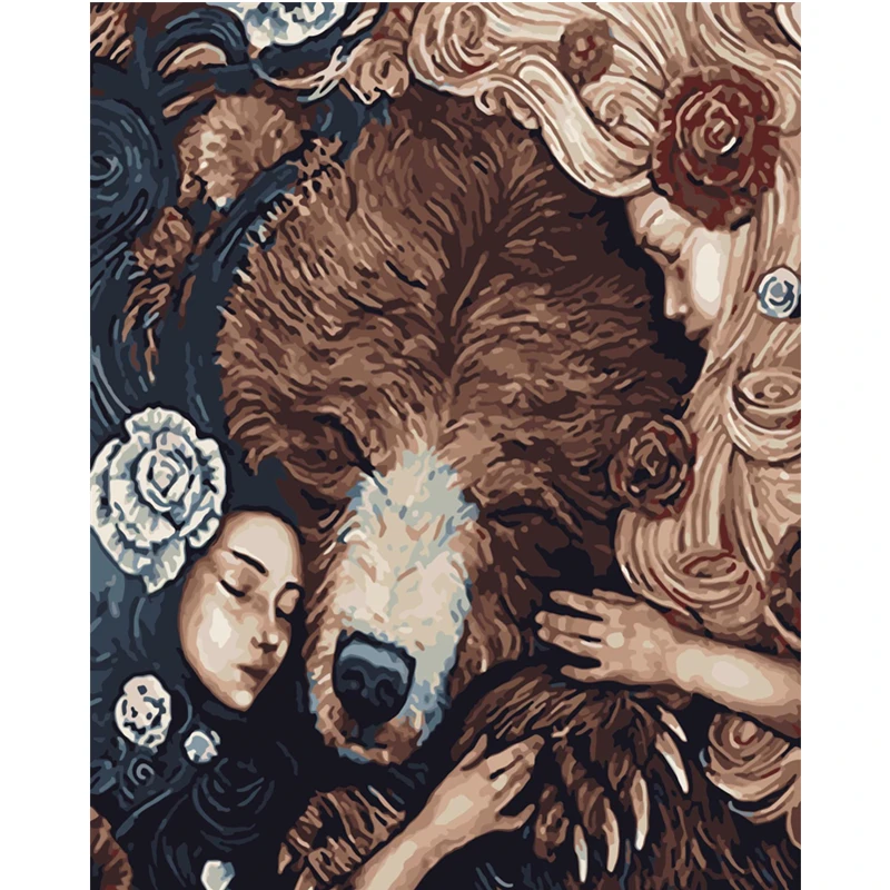 

Painting By Numbers DIY Dropshipping 40x50 50x65cm Big brown bear and woman Animal Canvas Wedding Decoration Art picture Gift
