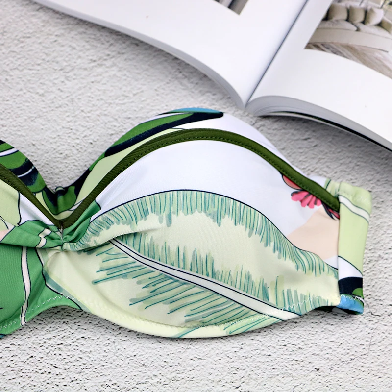 2018 Sexy Leaf Print Bikini Retro Tropical Palm Swimsuit Off Shoulder Push Up Bikini Set Bathing Suit Swimwear Women