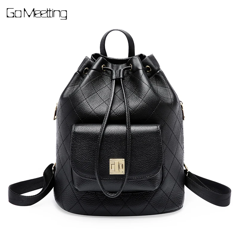 

Simple Style Backpack Women Genuine Leather Backpacks For Teenage Girls School Bags Fashion Diamond Lattice Black Shoulder Bag