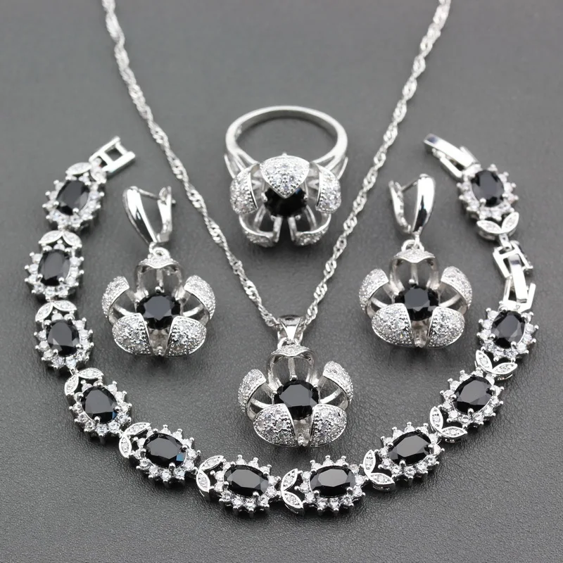 

Flower Black Cubic Zirconia 4PCS Women Vintage Jewelry Sets 925 Sterling Silver Earring Pendant Necklace Bracelet Ring JS296