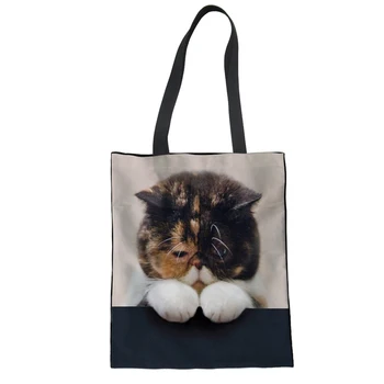 

Ladies Girls Hand Bags Reusable Shopping Bag for Women Canvas Shoulder Bags For BeachBag 3D Cute Cat Print Female Handbags