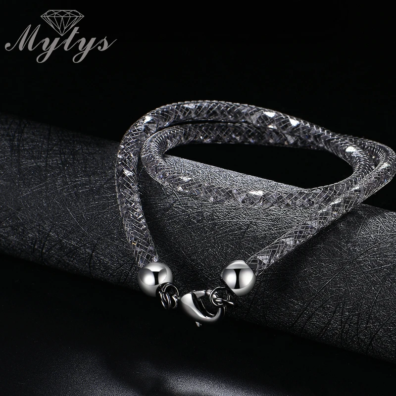 Mytys Новая Мода австрийский Кристальный браслет черный Цвет в Проволочная сетка чистая трубки, двойной 2 слоя браслет ювелирные изделия подарок для леди B1050