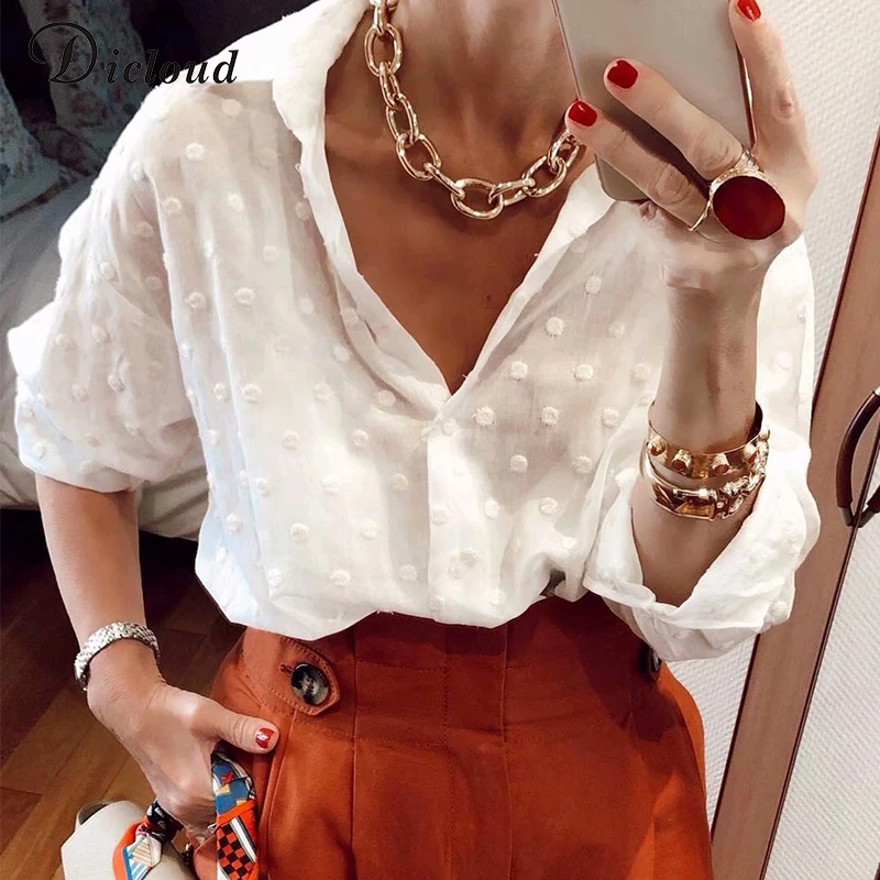 Preise DICLOUD Sexy Mode Frau Weiß Blusen 2019 Langarm Strand Tunika Elegante Dot Hemd Beiläufiges Chiffon Bluse Minimalist Weiblich