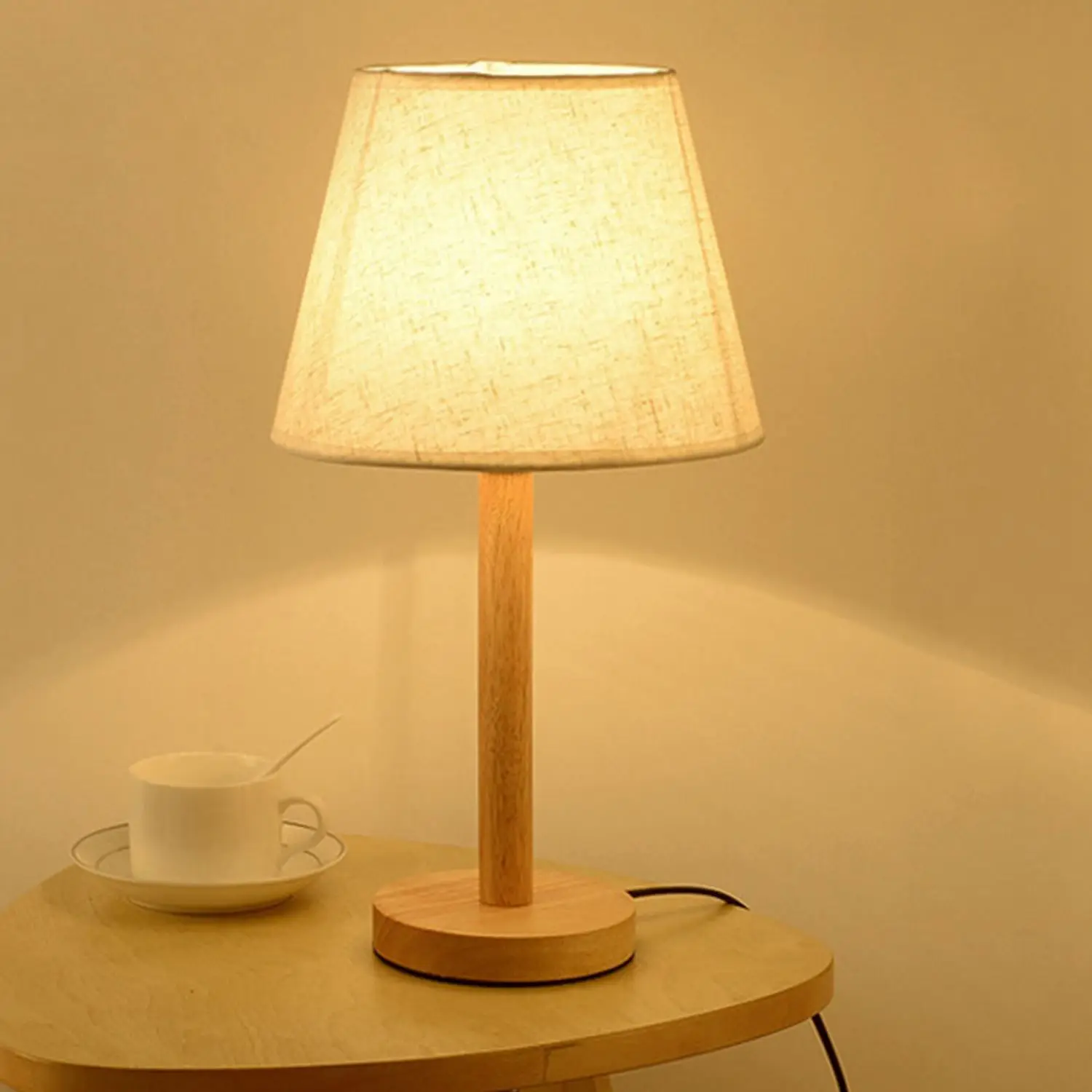 Modern Japanese Wood Linen Bedside Minimalist Table Lamp E27 AC 110V